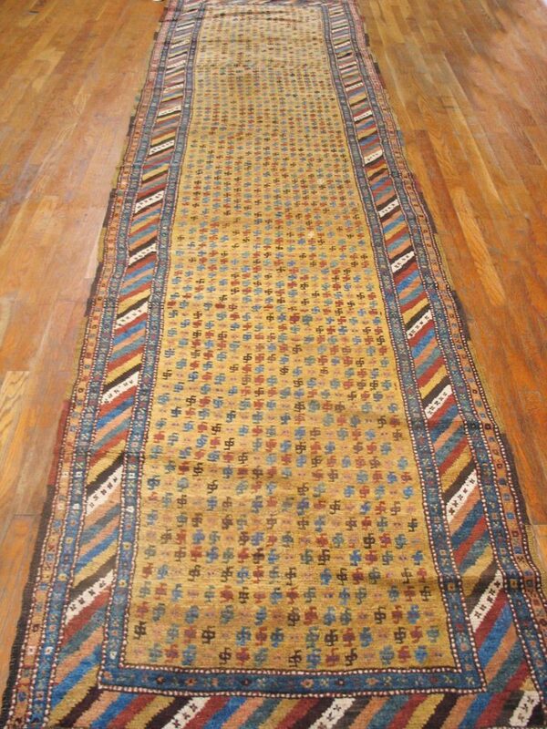 Antique persian kurdish carpet 3'6"×13'7" yellow tribal, multi border, 1880s runner - detail view 3