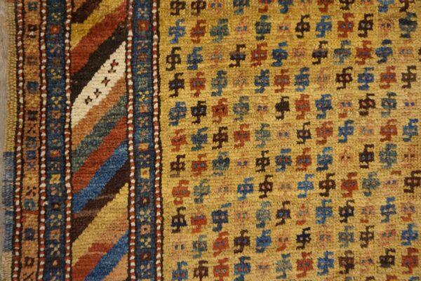 Antique persian kurdish carpet 3'6"×13'7" yellow tribal, multi border, 1880s runner - detail view 5