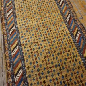Antique Persian Kurdish Carpet 3'6"×13'7" Yellow Tribal, Multi Border, 1880s Runner - detail view 6