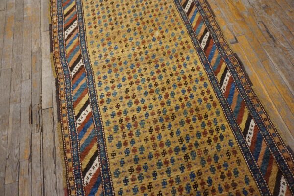 Antique persian kurdish carpet 3'6"×13'7" yellow tribal, multi border, 1880s runner - detail view 6