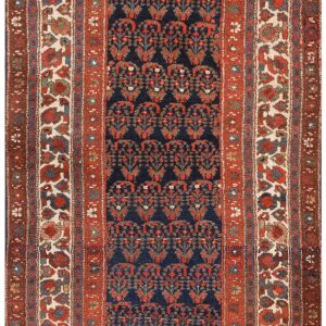 Antique Persian Malayer Carpet 3'×10'2" Blue Field, Ivory Border, Circa 1920 Long Runner