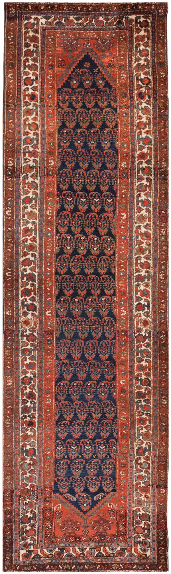Antique persian malayer carpet 3'×10'2" blue field, ivory border, circa 1920 long runner