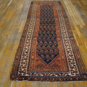 Antique Persian Malayer Carpet 3'×10'2" Blue Field, Ivory Border, Circa 1920 Long Runner - detail view 1