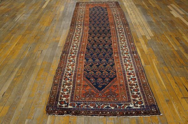 Antique persian malayer carpet 3'×10'2" blue field, ivory border, circa 1920 long runner - detail view 1