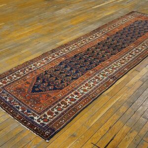 Antique Persian Malayer Carpet 3'×10'2" Blue Field, Ivory Border, Circa 1920 Long Runner - detail view 2