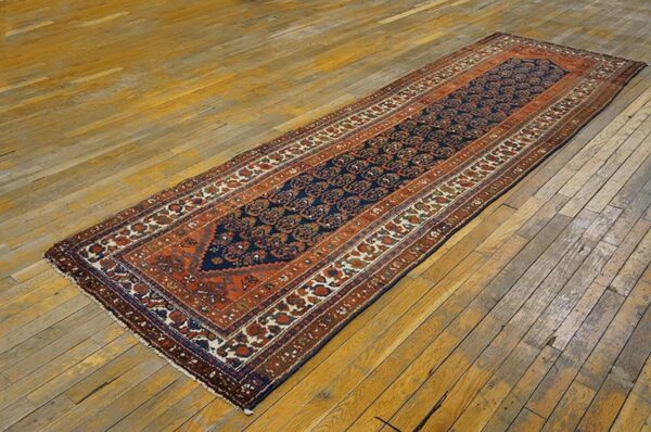 Antique persian malayer carpet 3'×10'2" blue field, ivory border, circa 1920 long runner - detail view 2