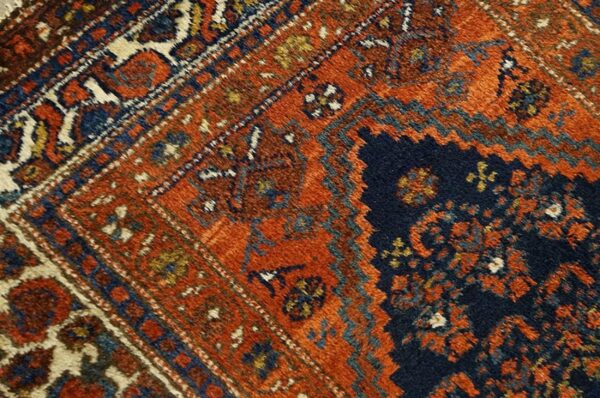Antique persian malayer carpet 3'×10'2" blue field, ivory border, circa 1920 long runner - detail view 3