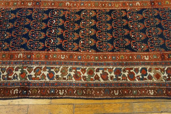 Antique persian malayer carpet 3'×10'2" blue field, ivory border, circa 1920 long runner - detail view 5