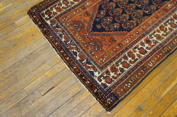 Antique persian malayer carpet 3'×10'2" blue field, ivory border, circa 1920 long runner - detail view 6