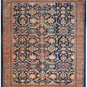 Antique Persian Malayer Carpet 12'4"×14'8" Dark Blue Allover Palmette, Burnt Rust Border, Circa 1890