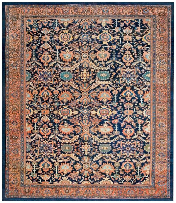 Antique persian malayer carpet 12'4"×14'8" dark blue allover palmette, burnt rust border, circa 1890