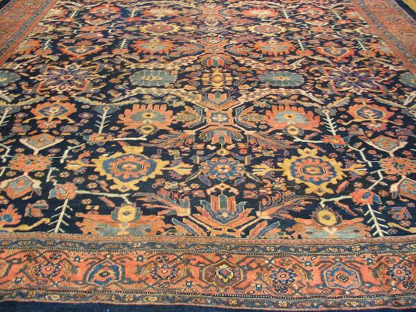 Antique persian malayer carpet 12'4"×14'8" dark blue allover palmette, burnt rust border, circa 1890 - detail view 1