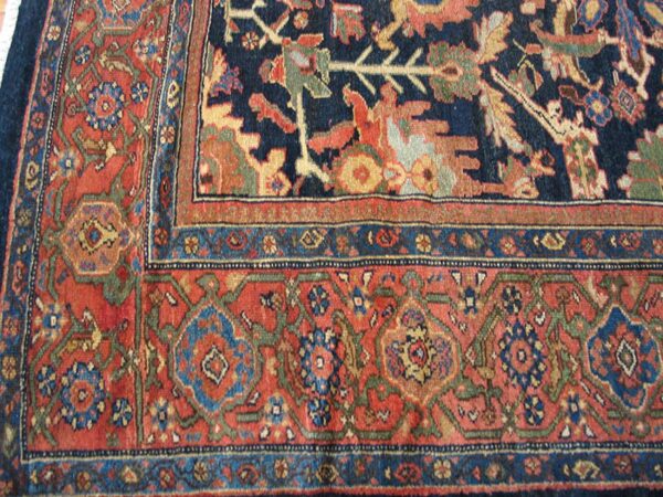 Antique persian malayer carpet 12'4"×14'8" dark blue allover palmette, burnt rust border, circa 1890 - detail view 2
