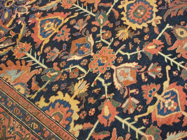 Antique persian malayer carpet 12'4"×14'8" dark blue allover palmette, burnt rust border, circa 1890 - detail view 3