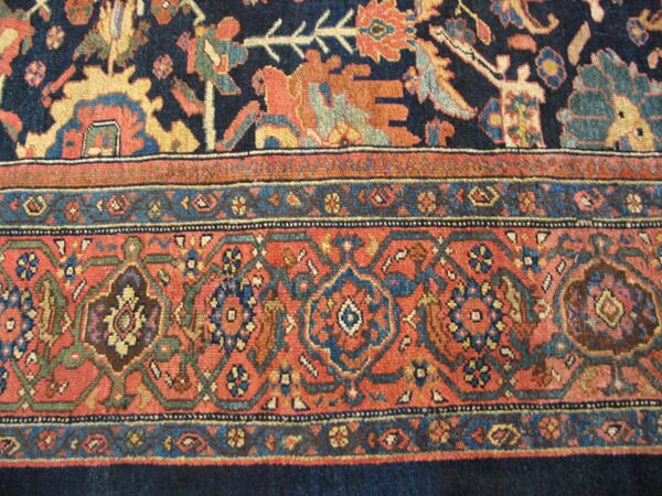 Antique persian malayer carpet 12'4"×14'8" dark blue allover palmette, burnt rust border, circa 1890 - detail view 4