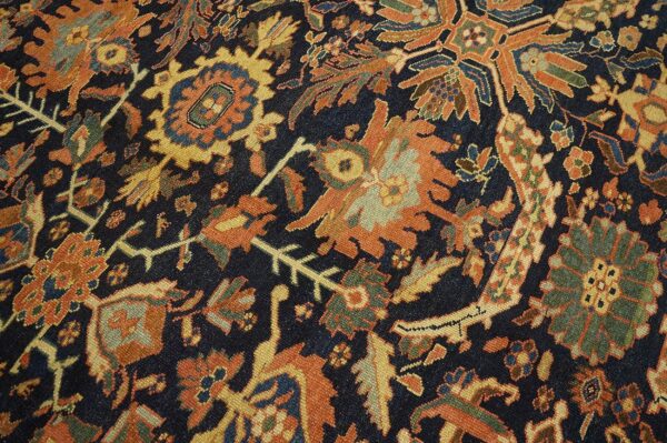 Antique persian malayer carpet 12'4"×14'8" dark blue allover palmette, burnt rust border, circa 1890 - detail view 6