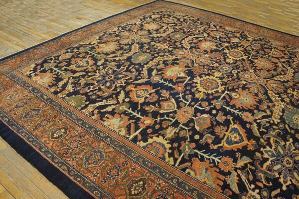 Antique persian malayer carpet 12'4"×14'8" dark blue allover palmette, burnt rust border, circa 1890 - detail view 7