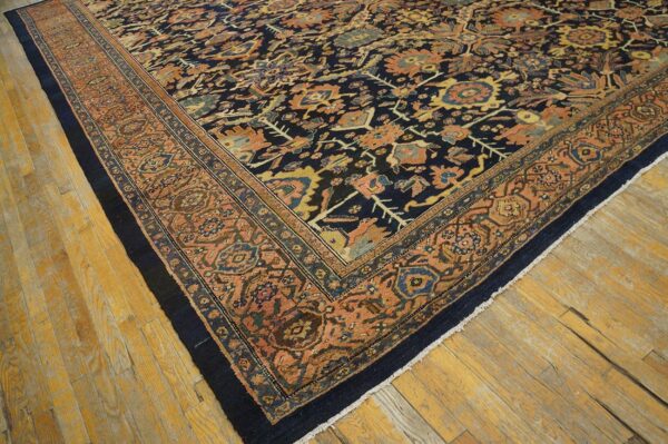 Antique persian malayer carpet 12'4"×14'8" dark blue allover palmette, burnt rust border, circa 1890 - detail view 8