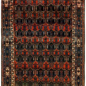 Antique Persian Malayer Carpet 4'11"×6'10" Navy Field, Rust Border, Circa 1920