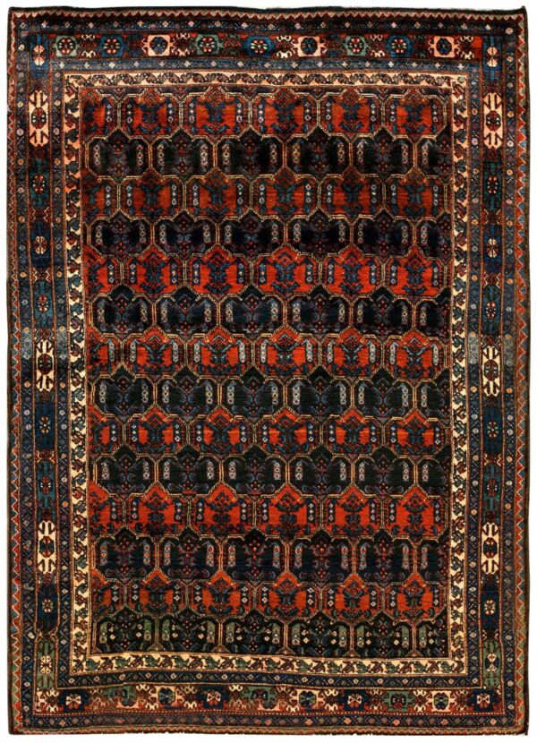 Antique persian malayer carpet 4'11"×6'10" navy field, rust border, circa 1920
