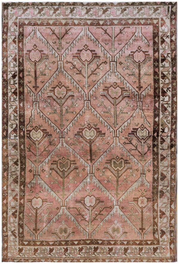 Antique persian malayer carpet 4'4"×6'4" rose pink, ivory border, circa 1925