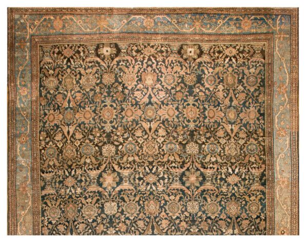 Antique persian malayer carpet 11'10"×16'6" slate & light blue, circa 1900 - detail view 1