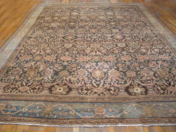 Antique persian malayer carpet 11'10"×16'6" slate & light blue, circa 1900 - detail view 2