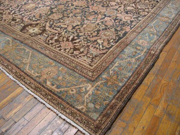 Antique persian malayer carpet 11'10"×16'6" slate & light blue, circa 1900 - detail view 3