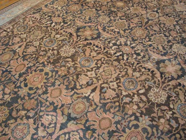 Antique persian malayer carpet 11'10"×16'6" slate & light blue, circa 1900 - detail view 5