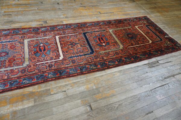 Antique persian malayer runner 2'10"×16'2" red geometric, hand-knotted wool, circa 1930 - detail view 1