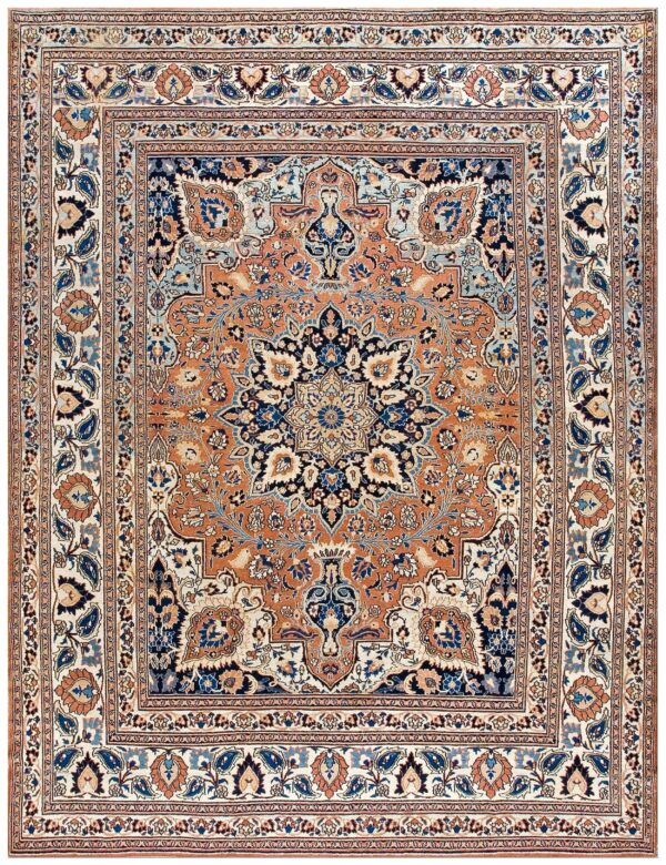 Antique persian moud khorasan carpet 10'6"×13'10" burnt rust medallion, ivory border, circa 1930