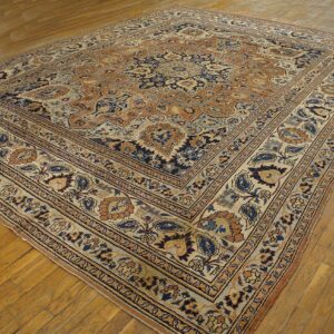 Antique Persian Moud Khorasan Carpet 10'6"×13'10" Burnt Rust Medallion, Ivory Border, Circa 1930 - detail view 1