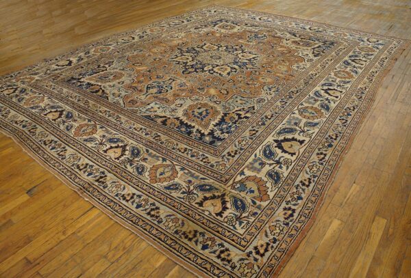 Antique persian moud khorasan carpet 10'6"×13'10" burnt rust medallion, ivory border, circa 1930 - detail view 1