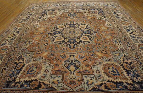 Antique persian moud khorasan carpet 10'6"×13'10" burnt rust medallion, ivory border, circa 1930 - detail view 2
