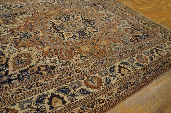 Antique persian moud khorasan carpet 10'6"×13'10" burnt rust medallion, ivory border, circa 1930 - detail view 3