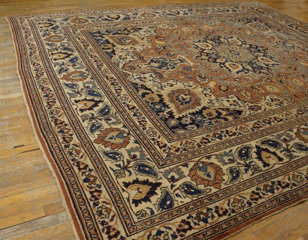 Antique persian moud khorasan carpet 10'6"×13'10" burnt rust medallion, ivory border, circa 1930 - detail view 4