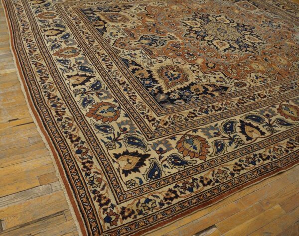 Antique persian moud khorasan carpet 10'6"×13'10" burnt rust medallion, ivory border, circa 1930 - detail view 5