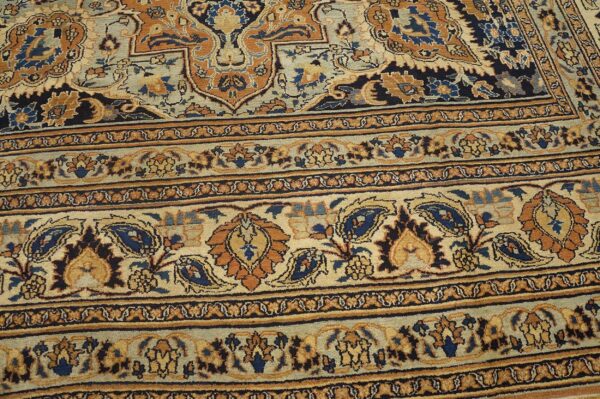 Antique persian moud khorasan carpet 10'6"×13'10" burnt rust medallion, ivory border, circa 1930 - detail view 6