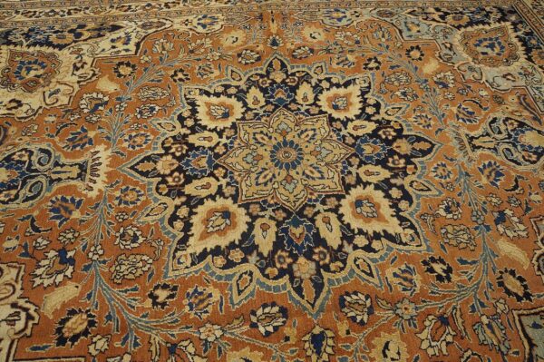 Antique persian moud khorasan carpet 10'6"×13'10" burnt rust medallion, ivory border, circa 1930 - detail view 8