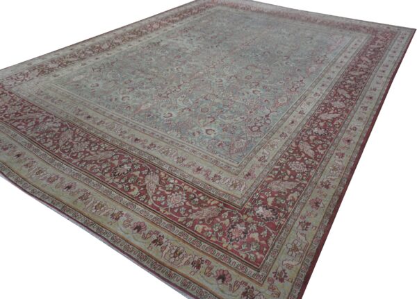 Antique persian moud rug 10'1"×13'7" blue floral, hand-knotted wool, 1920s - detail view 1