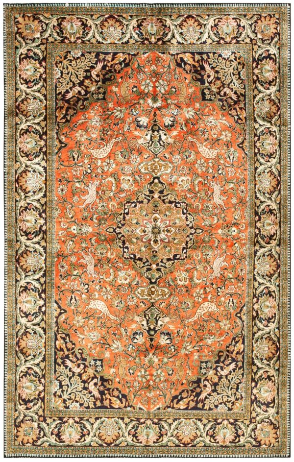Antique persian qum silk rug 4'7"ã—7'4" hand-knotted silk, central persia