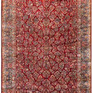 Antique Persian Sarouk Rug 11'4"×17'9" Red Floral, Hand-Knotted Wool, 1930s