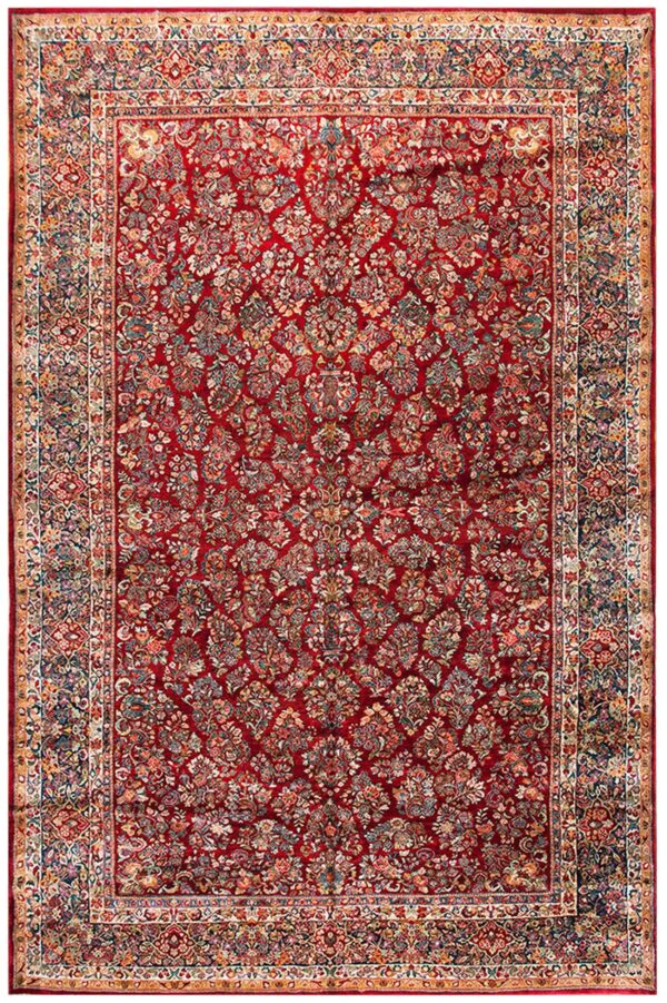 Antique persian sarouk rug 11'4"×17'9" red floral, hand-knotted wool, 1930s