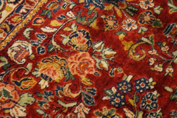 Antique persian sarouk rug 11'4"×17'9" red floral, hand-knotted wool, 1930s - detail view 9