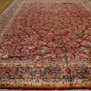 Antique Persian Sarouk Rug 11'4"×17'9" Red Floral, Hand-Knotted Wool, 1930s - detail view 1