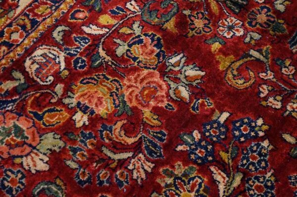 Antique persian sarouk rug 11'4"×17'9" red floral, hand-knotted wool, 1930s - detail view 2