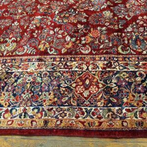 Antique Persian Sarouk Rug 11'4"×17'9" Red Floral, Hand-Knotted Wool, 1930s - detail view 4
