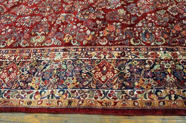 Antique persian sarouk rug 11'4"×17'9" red floral, hand-knotted wool, 1930s - detail view 4