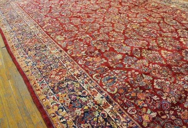 Antique persian sarouk rug 11'4"×17'9" red floral, hand-knotted wool, 1930s - detail view 5