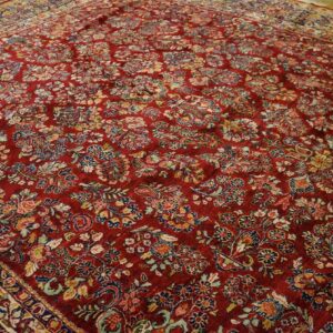 Antique Persian Sarouk Rug 11'4"×17'9" Red Floral, Hand-Knotted Wool, 1930s - detail view 6